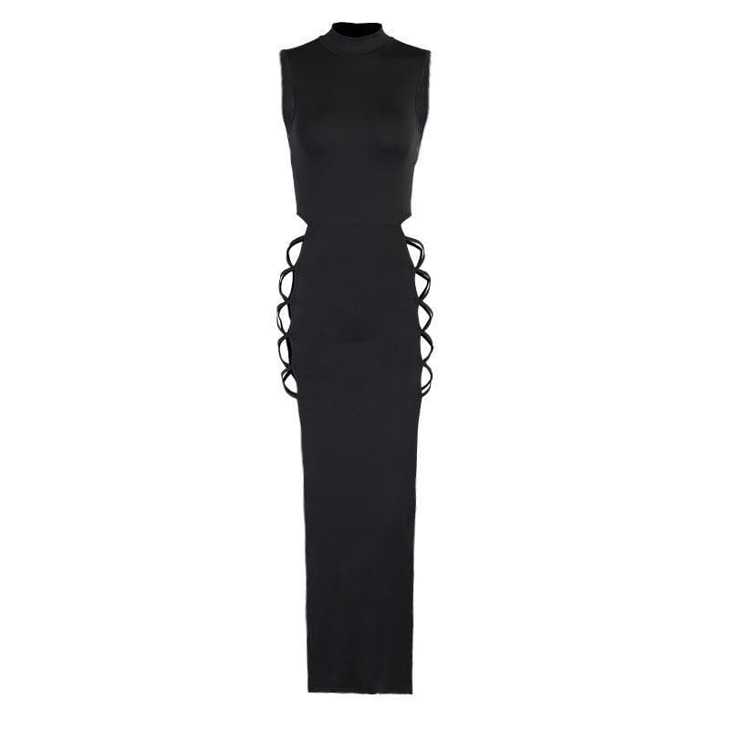 Lace Up Cut Out Mock Neck High Split Bodycon Maxi Dress