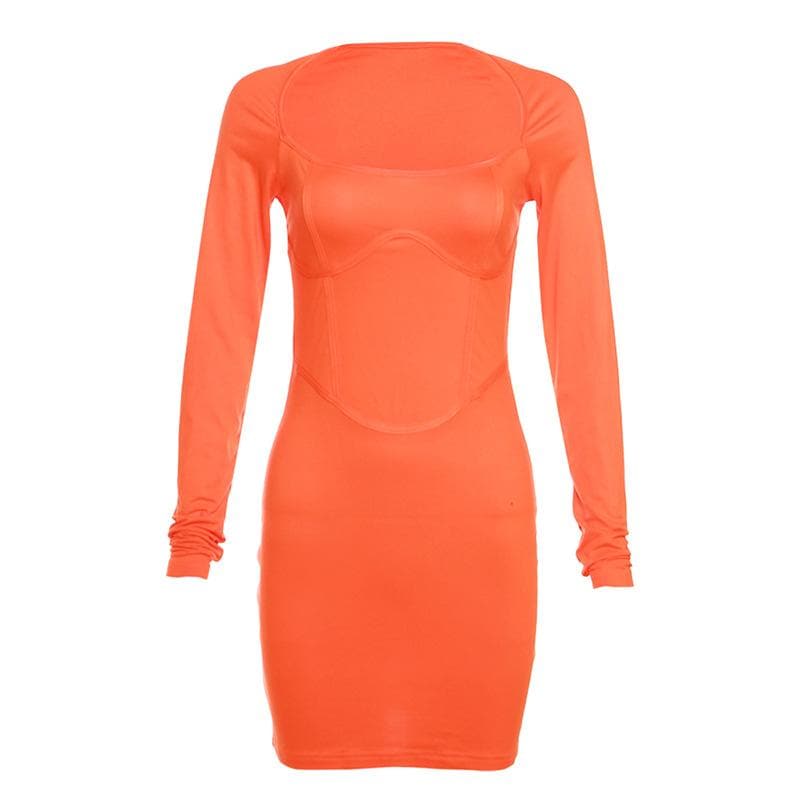 Square Neck Long Sleeve Corset Bodycon Mini Dress