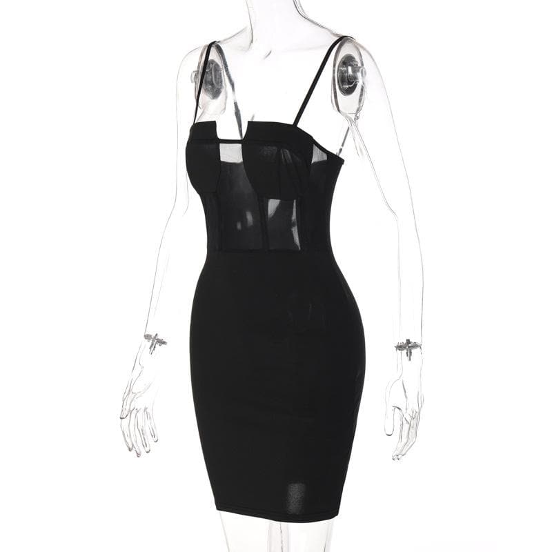 Sheer Mesh Corset Bodice Notch Neck Spaghetti Strap Bodycon Mini Dress 3