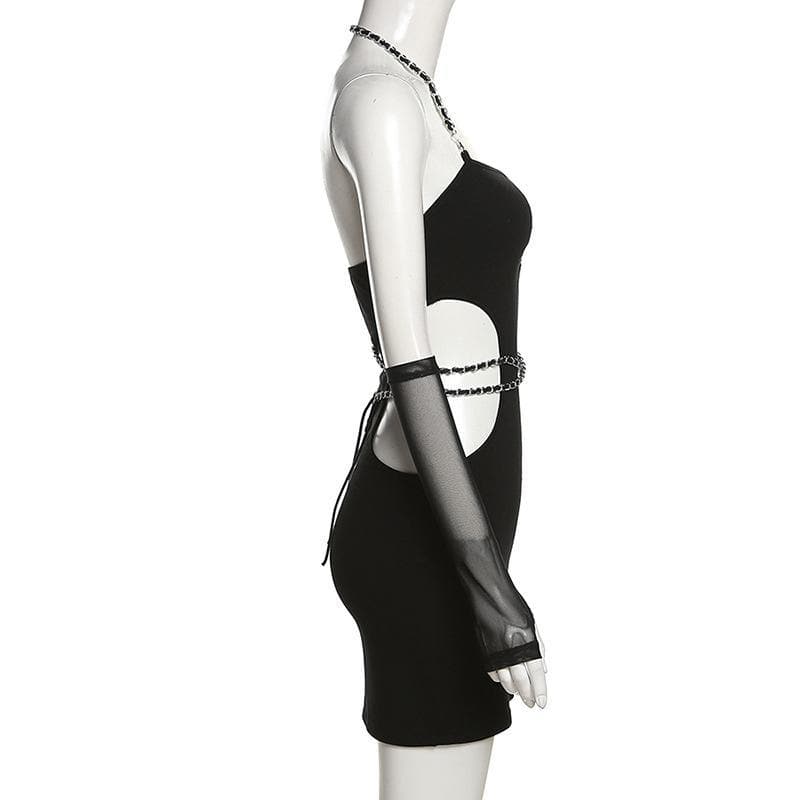 Hollow out side metal chain halter mesh gloves dress - View 7