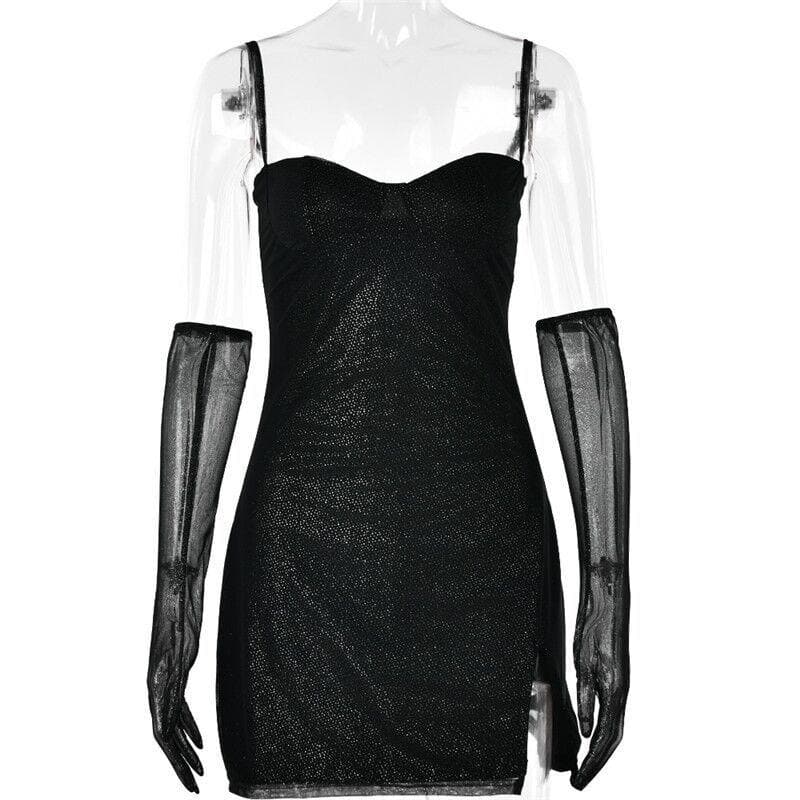 Textured mesh gloves sweetheart neck zip-up slit cami mini dress 3