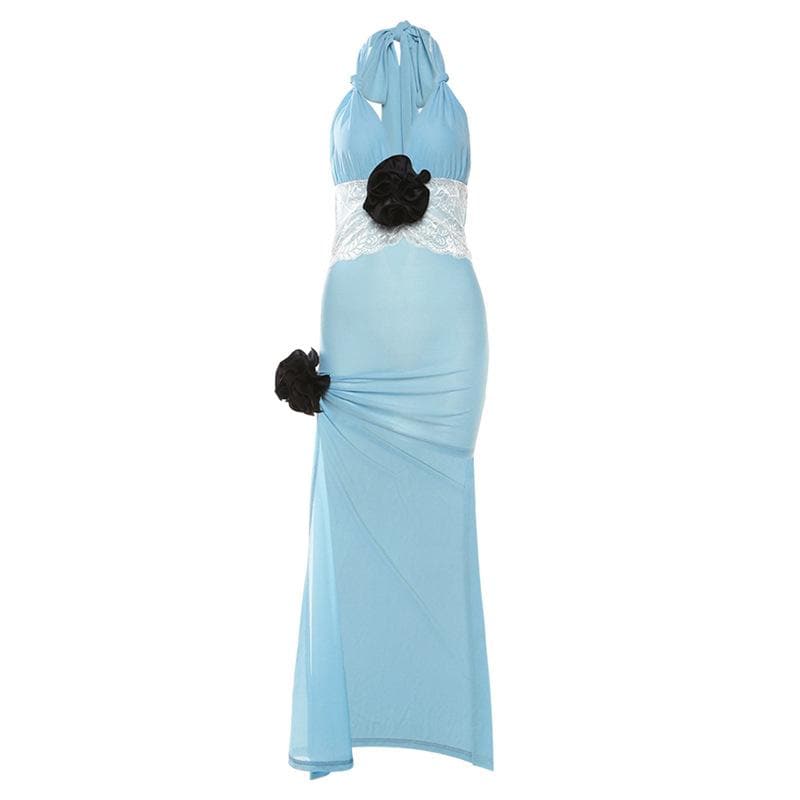 Halter Deep V-Neck Flower Applique Backless High Low Maxi Dress