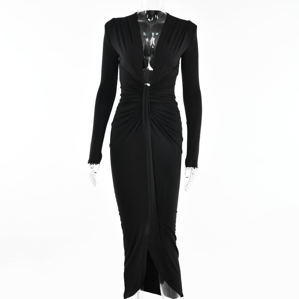 Long sleeve v neck solid ruched slit midi dress