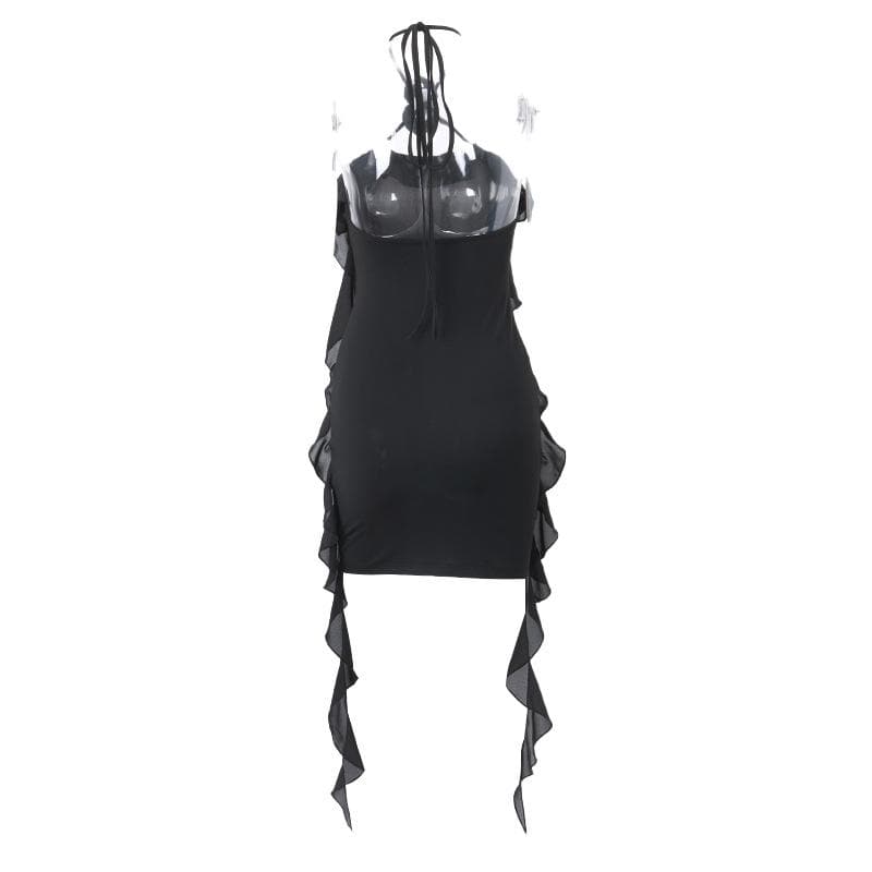Halter Neck Flower Applique Ruffle Bodycon Mini Dress