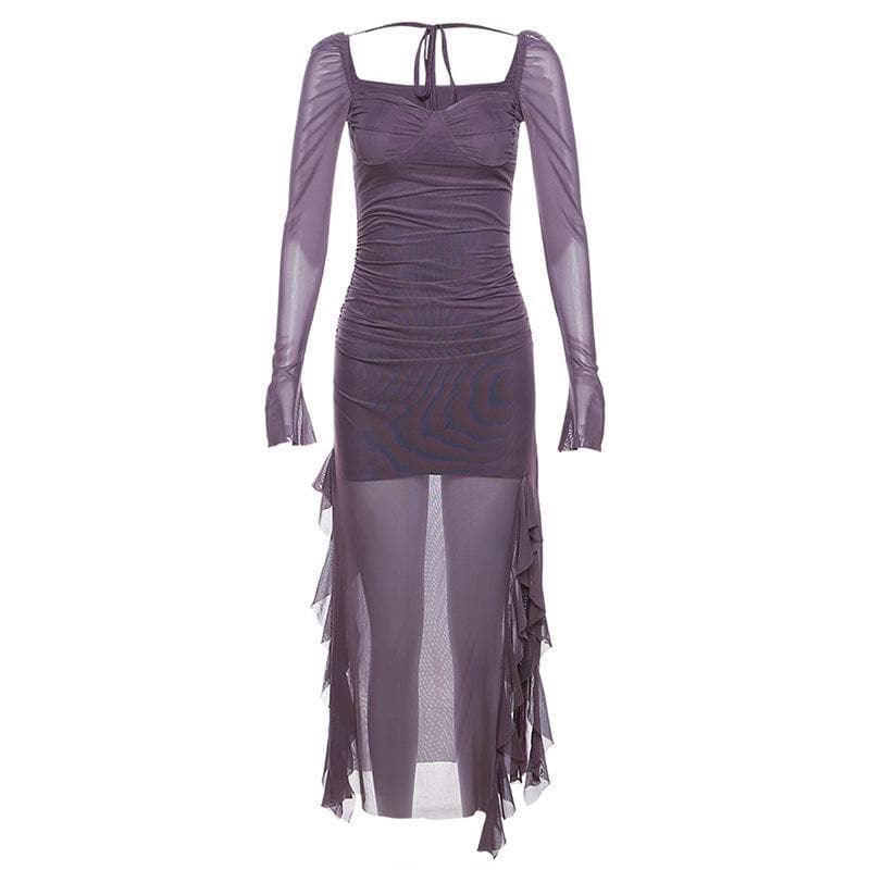 Mesh ruffle solid long sleeve ruched self tie slit maxi dress 5