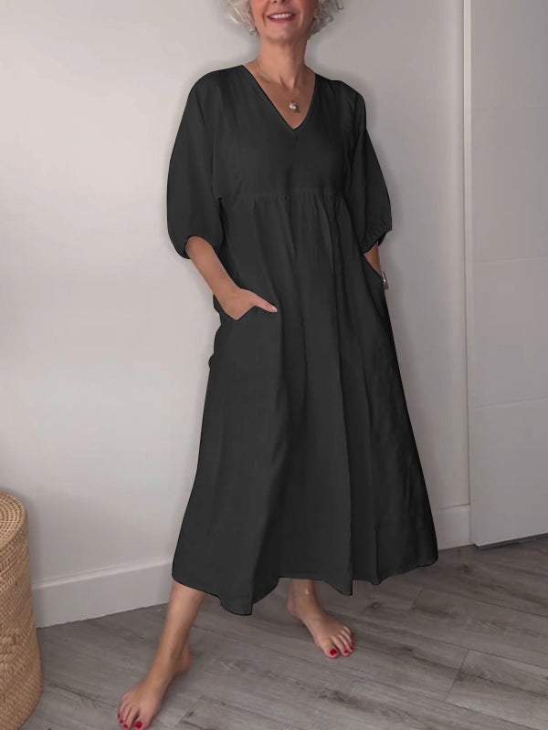 Linen V-Neck Puff Sleeve Pocket Midi Dress 6