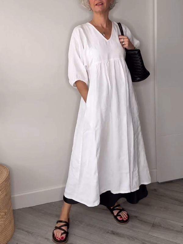 Linen V-Neck Puff Sleeve Pocket Midi Dress 3