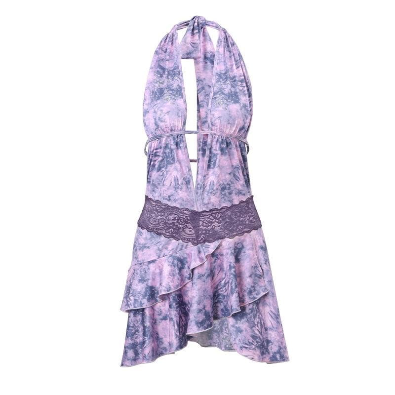 Tie Dye Halter Neck Lace Trim Ruffle Mini Dress