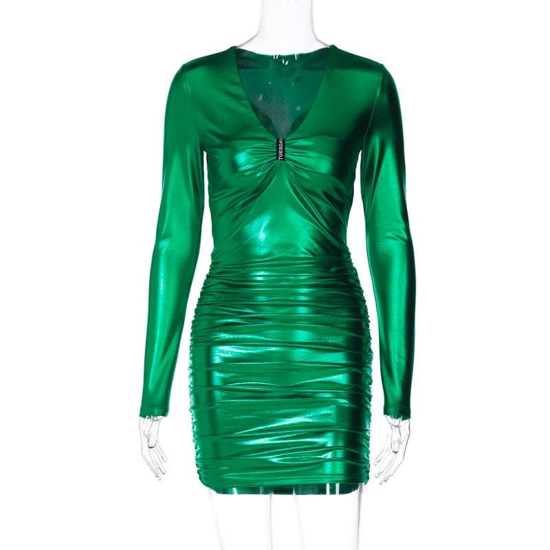 Metallic ruched long sleeve v neck mini dress - View 2