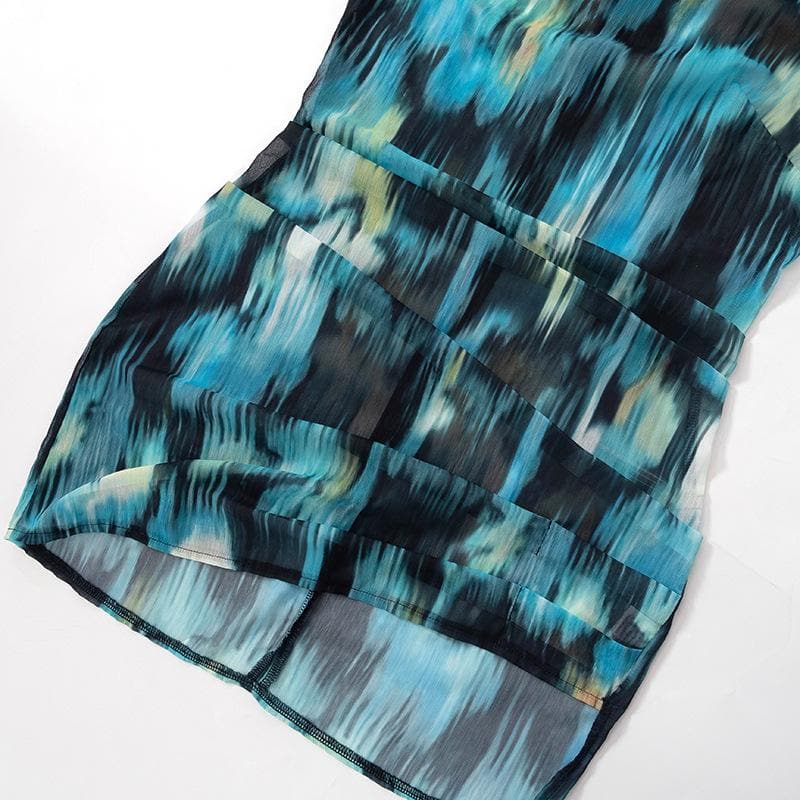 Chiffon tie dye high neck ruched contrast sleeveless zip-up mini dress - View 6
