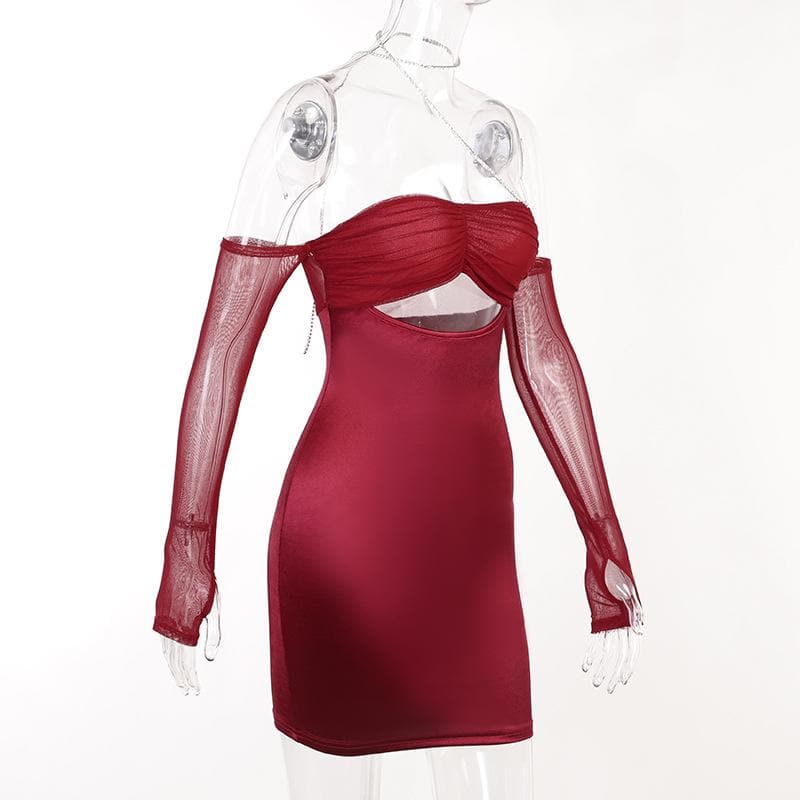Mesh Glove Halter Neck Cut Out Ruched Bodycon Mini Dress