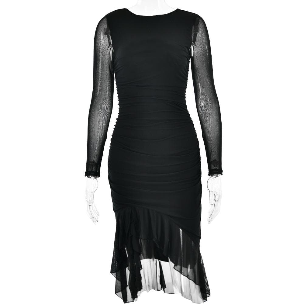 Mesh Ruched Long Sleeve Backless Ruffle Midi Dress