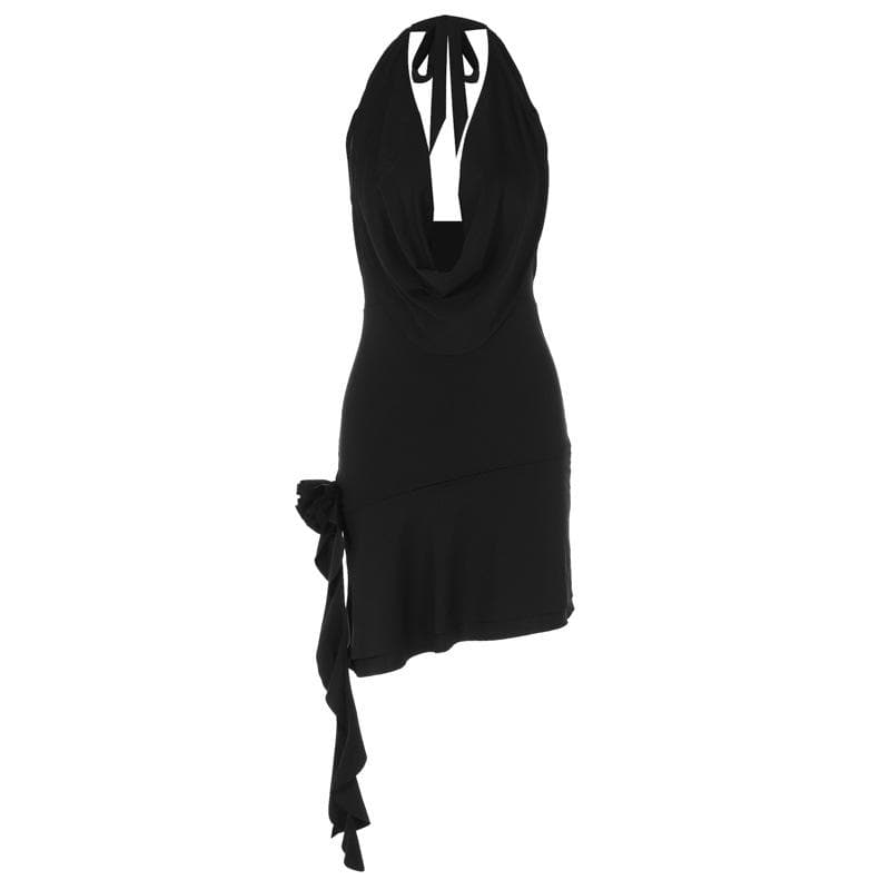 Halter Deep Cowl Neck Backless Ruffle Mini Dress