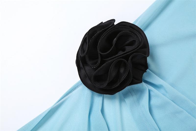Halter Deep V-Neck Flower Applique Backless High Low Maxi Dress