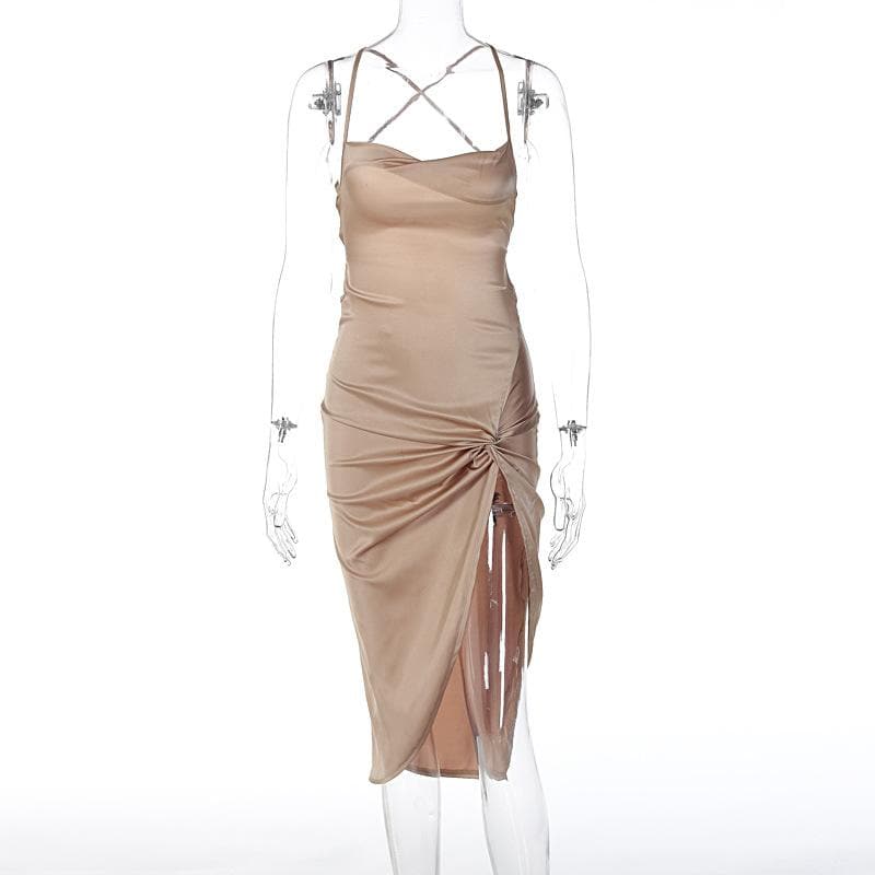 Satin Cowl Neck Cross Strap Twist Knot Split Midi Slip Dress 2