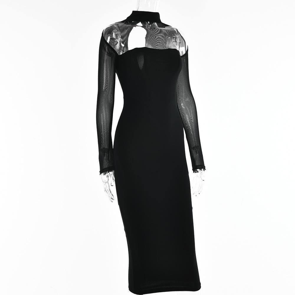 Sheer Mesh Long Sleeve Choker Strapless Bodycon Midi Dress