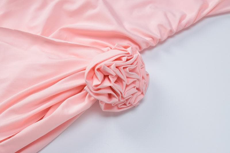 Boat Neck Long Sleeve Ruched Rosette Draped Bodycon Mini Dress