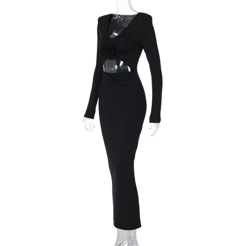V-Neck Long Sleeve Flower Applique Cut Out Bodycon Maxi Dress