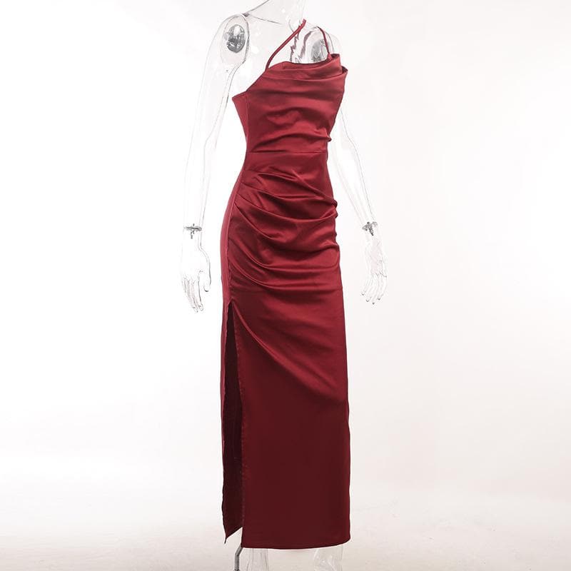 Solid satin ruched one shoulder slit midi dress - View 3