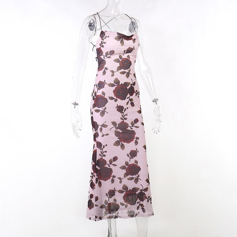 Floral Print Cowl Neck Cross Back Slip Midi Dress