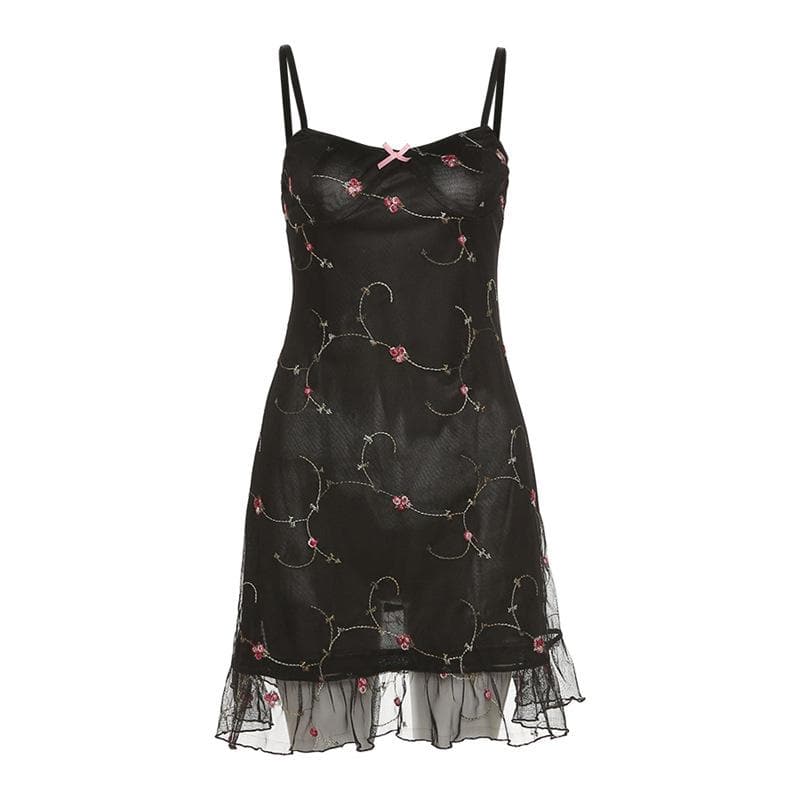 Satin Floral Embroidery Sweetheart Spaghetti Strap Ruffle Hem Mini Dress