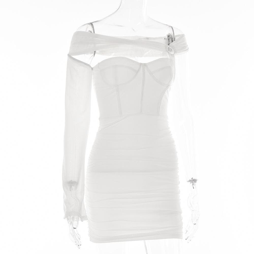 Solid one shoulder o ring hollow out mesh backless mini dress 3
