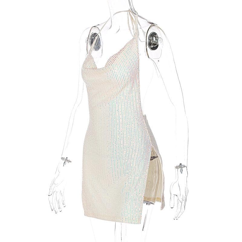 Glitter Cowl Neck Halter Backless High Split Bodycon Mini Dress