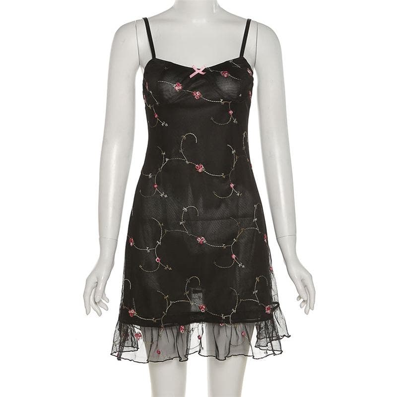 Satin Floral Embroidery Sweetheart Spaghetti Strap Ruffle Hem Mini Dress