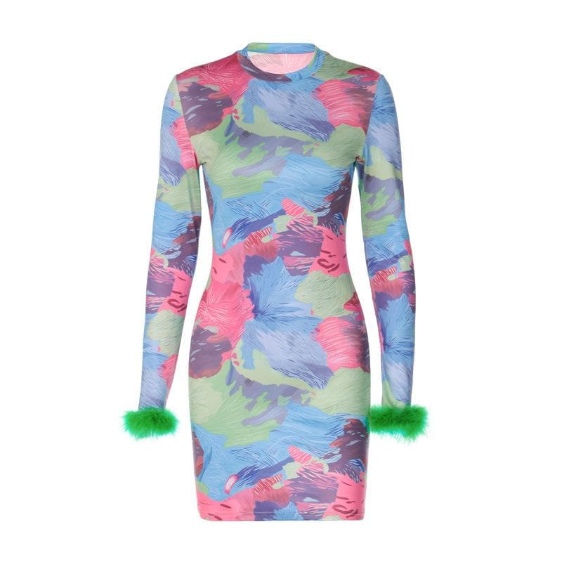 Feather crewneck contrast print long sleeve mini dress 2