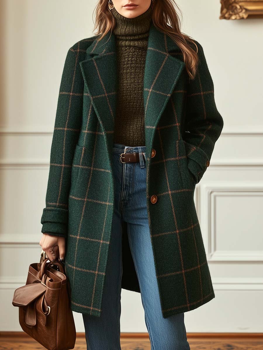 Windowpane Check Double Breasted Wool Look Coat