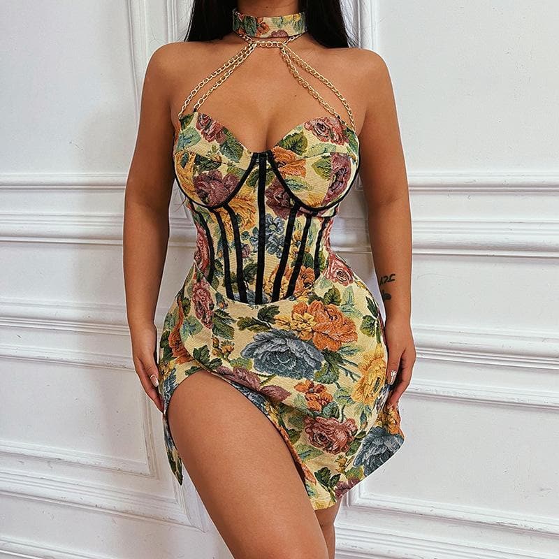 Floral Halter Neck Corset High Split Mini Dress