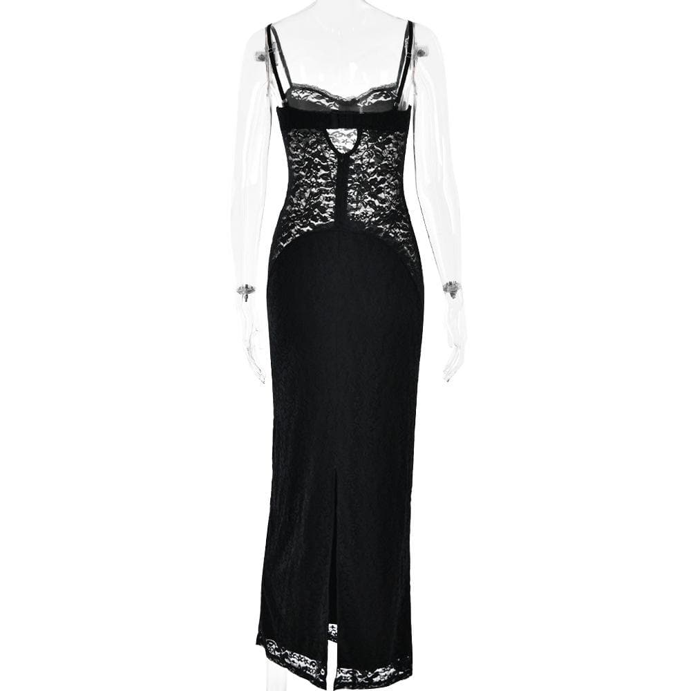 Button slit zip-up solid lace low cut maxi dress - View 4