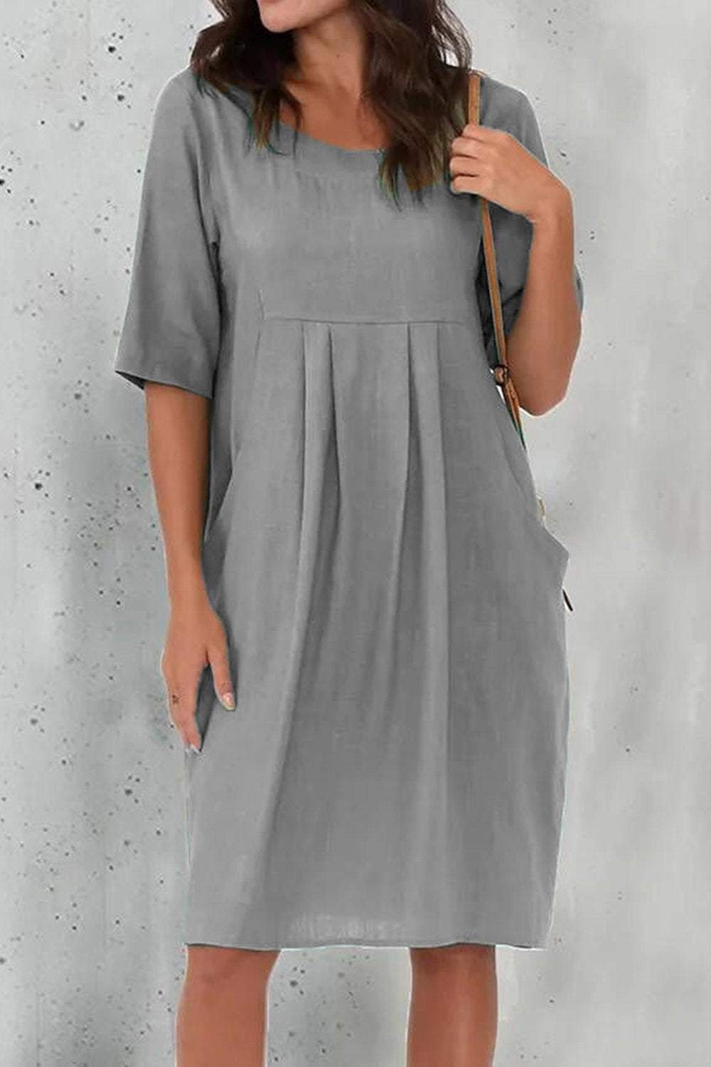 Scoop Neck Short Sleeve Pocket Linen Midi Dress 6
