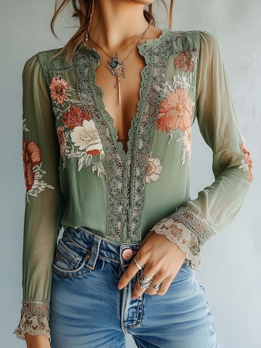 Floral Lace Trim V-Neck Long Sleeve Blouse 5