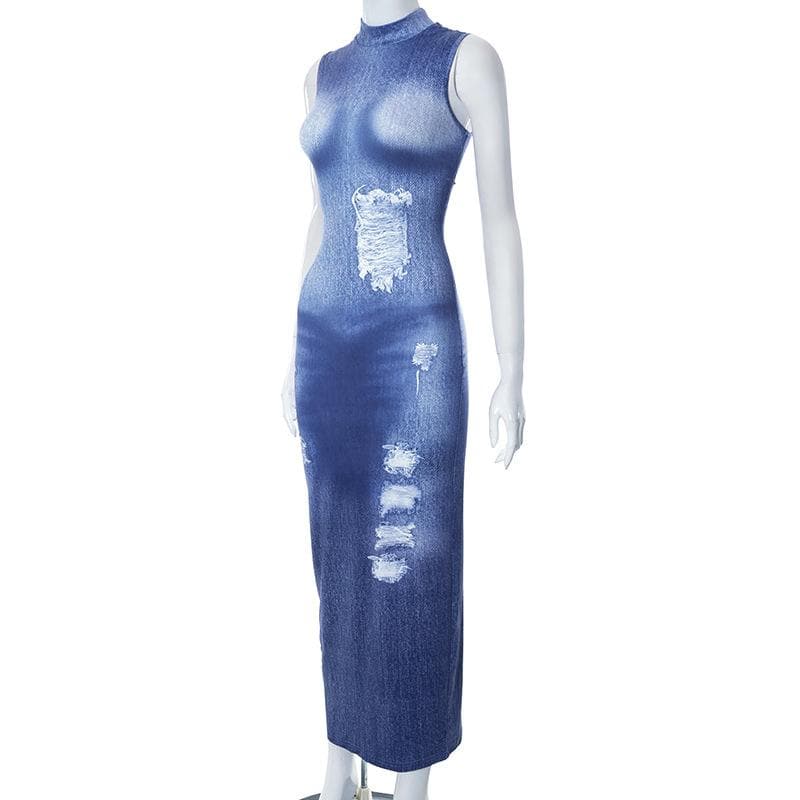 Denim print sleeveless contrast high neck maxi dress