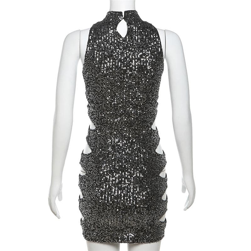 Glitter hollow out high neck button sleeveless mini dress 3