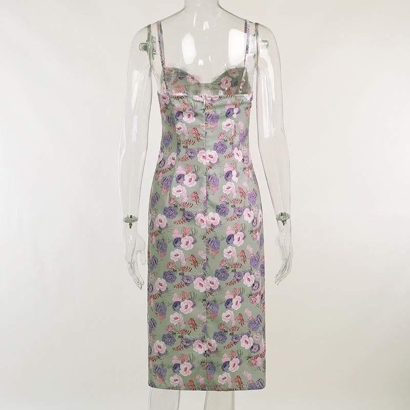Sleeveless slit lace hem backless flower pattern print cami dress - View 4