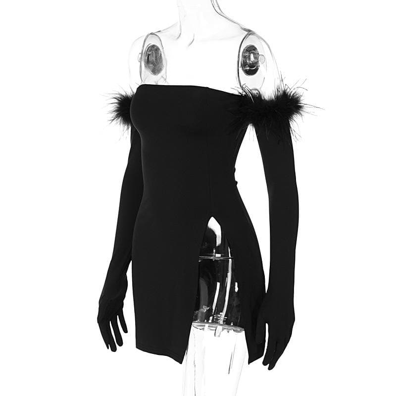 Strapless High Split Tube Mini Dress with Feather Trim Gloves 4