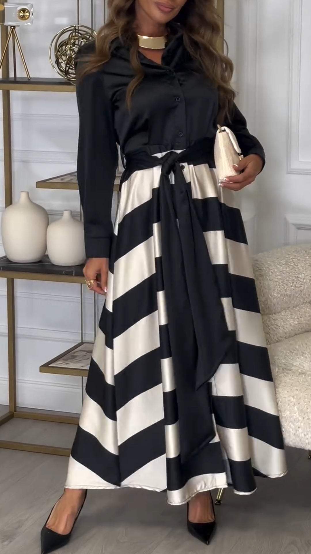 Collared Long Sleeve Striped Satin Two Piece Set 7