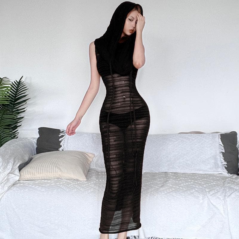 Hooded Sheer Ribbed Knit Sleeveless Bodycon Maxi Dress