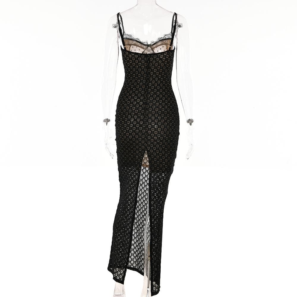 Mesh lace hem zip-up slit solid backless cami midi dress 4