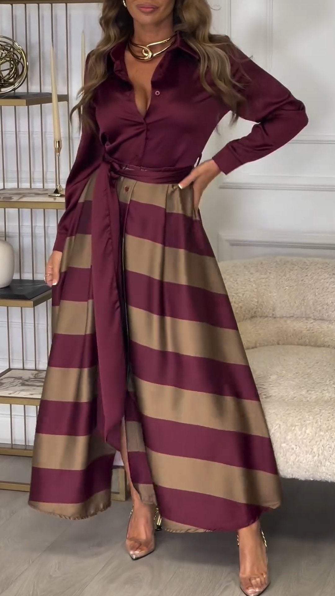 Collared Long Sleeve Striped Satin Two Piece Set