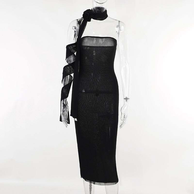 One Shoulder Rosette Tie Bodycon Maxi Dress