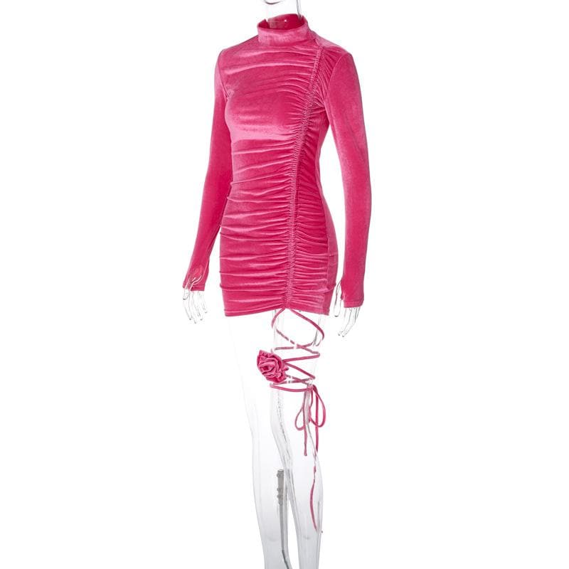 Velvet High Neck Long Sleeve Ruched Rosette Bodycon Mini Dress