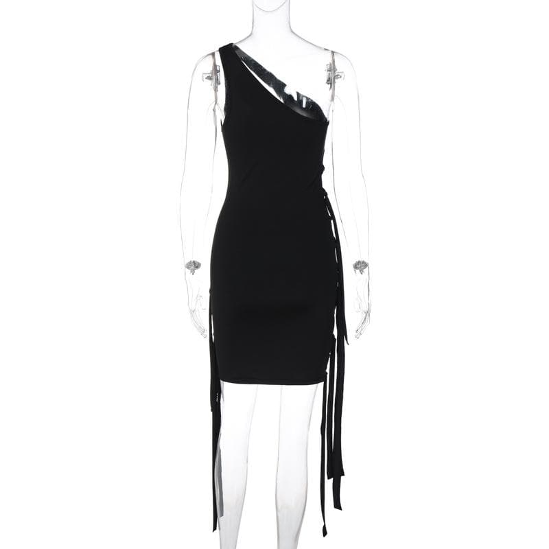 Irregular hollow out one shoulder lace up solid ribbon mini dress - View 4