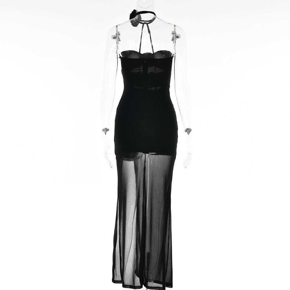 Mesh Strapless Flower Applique Cut Out High Split Maxi Dress