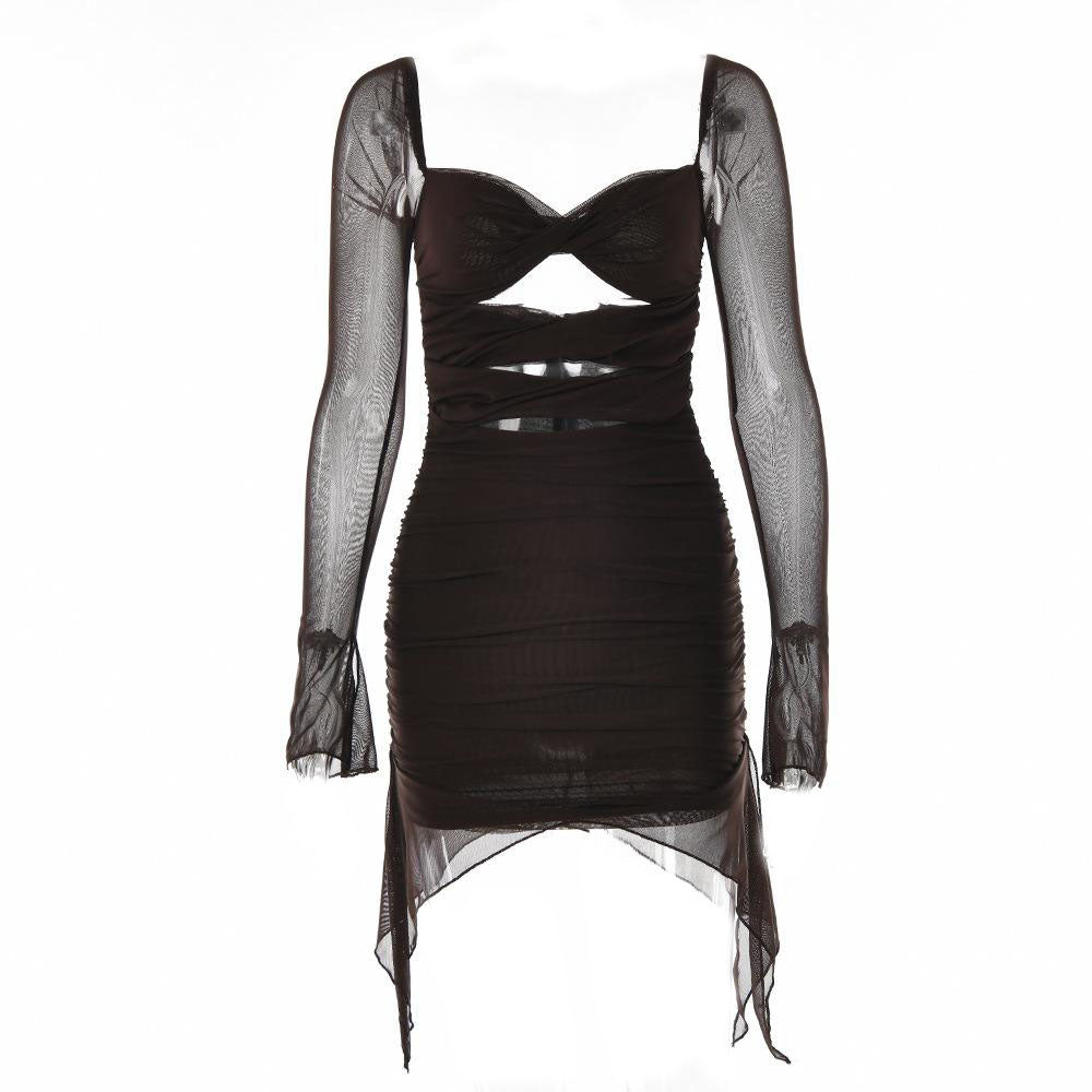 Long sleeve solid hollow out slit mesh ruched zip-up backless mini dress 9