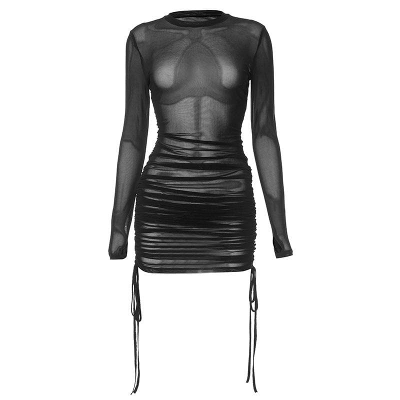 Crewneck long sleeve drawstring sheer mesh see through 2-way midi dress 9