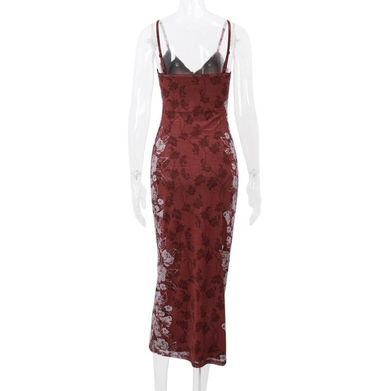 Floral Print V-Neck Spaghetti Strap Bodycon Maxi Dress