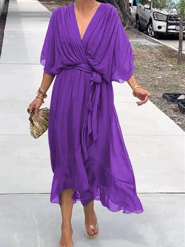 Chiffon Deep V-Neck Batwing Wrap Midi Dress 7